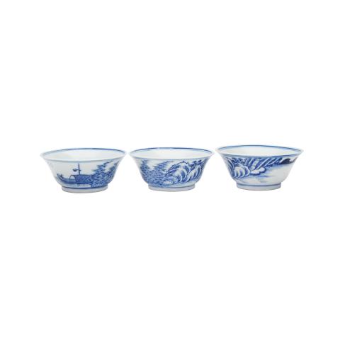 Appraisal: Three Export Blue and White Landscape Wine Cups Kangxi Period