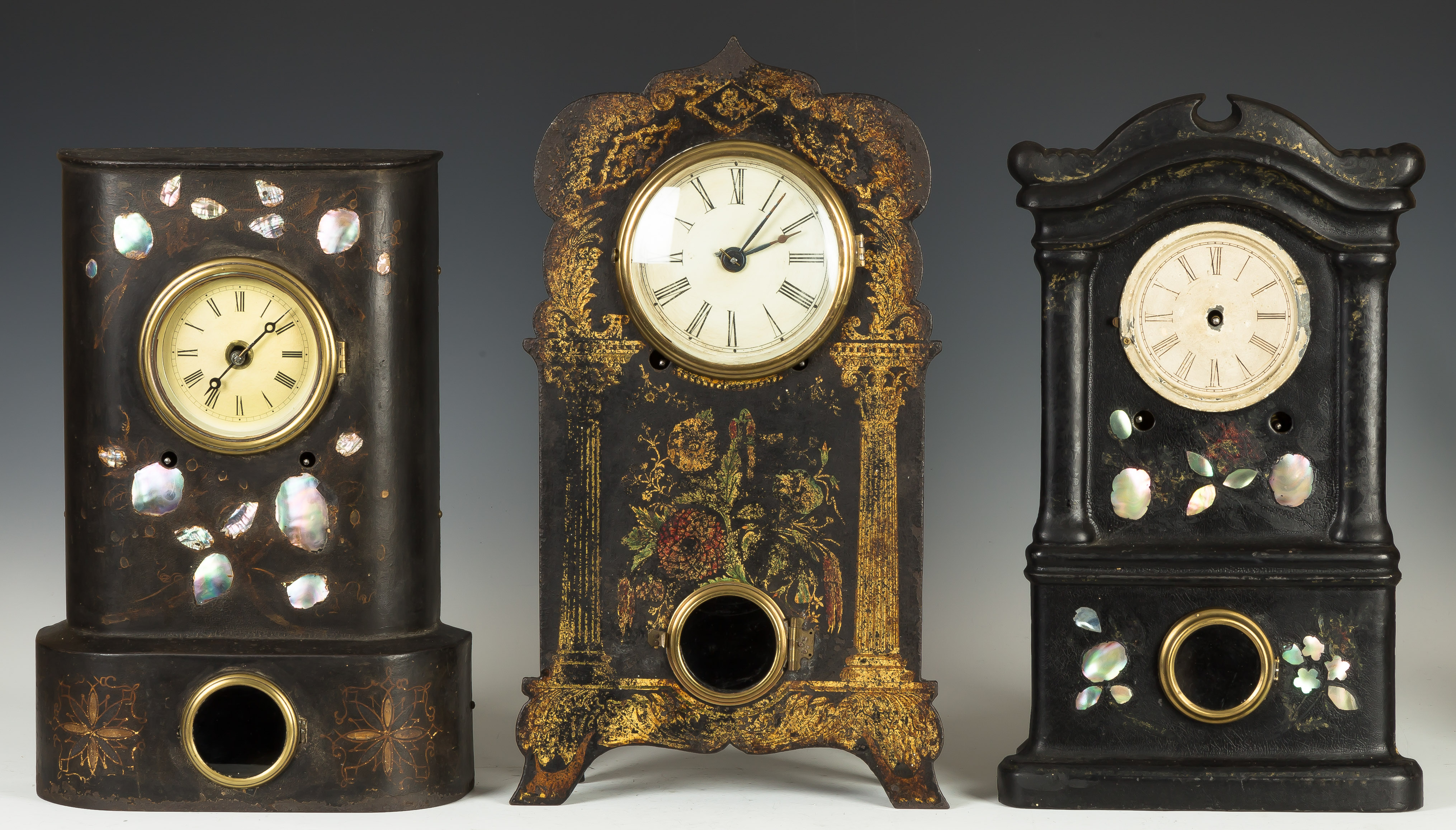 Appraisal: Three Iron Front Shelf Clocks L Repainted dial R Harlem