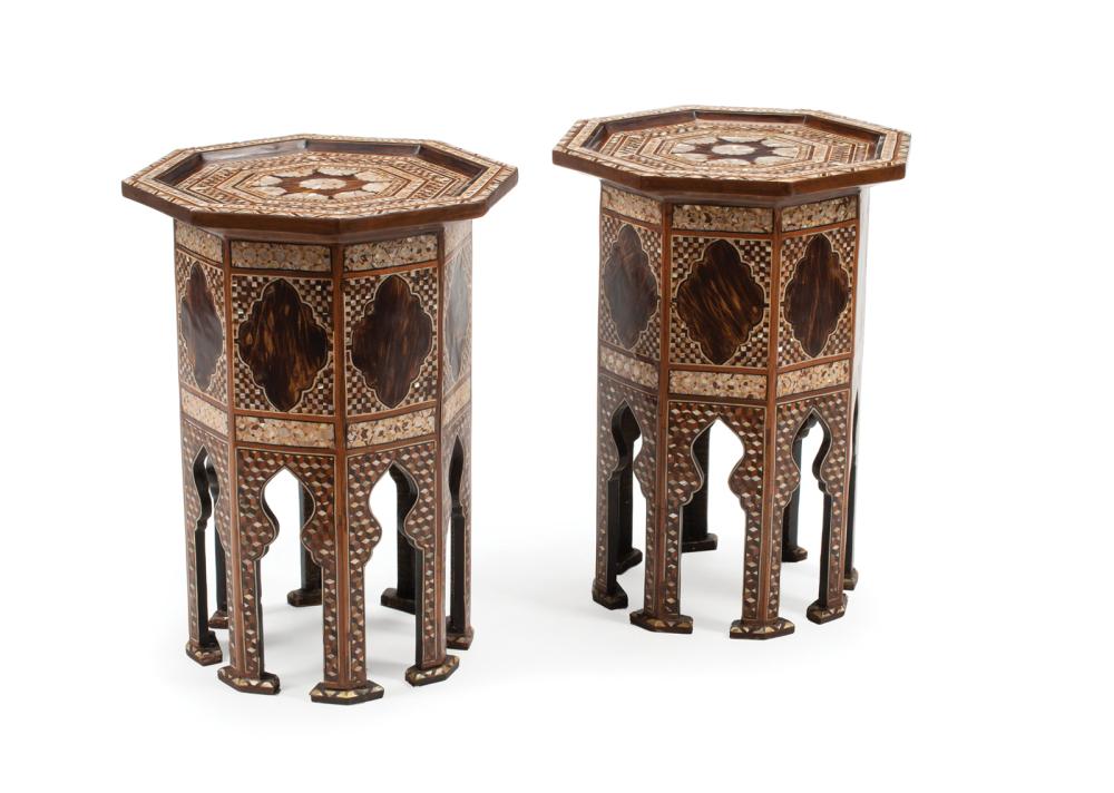 Appraisal: Pair of Moorish Abalone Inlaid Hardwood Side Tables octagonal top