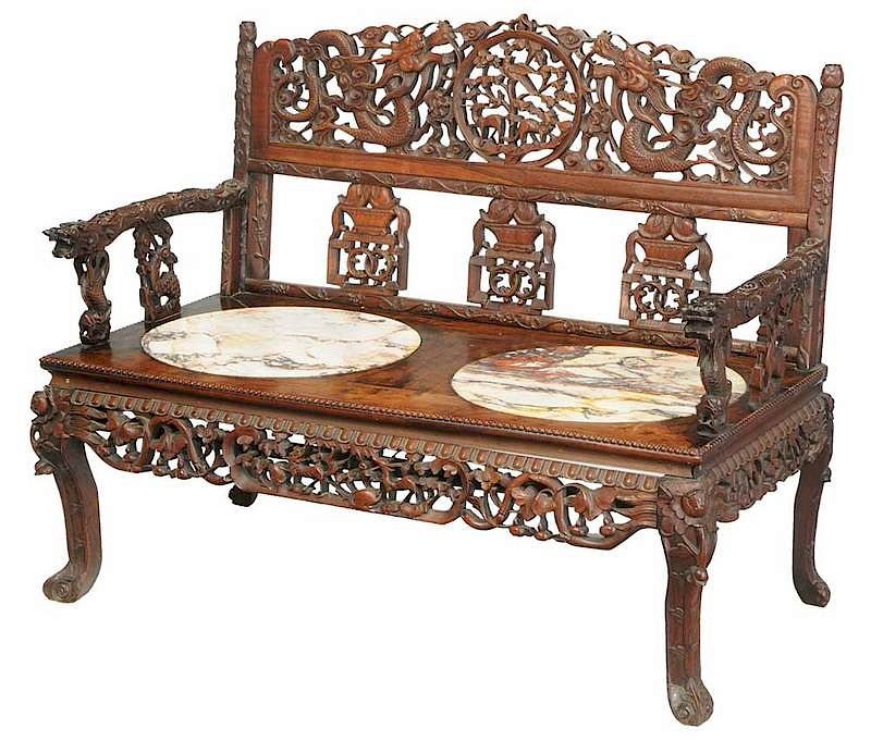 Appraisal: Chinese Carved Hardwood Marble-Inset Settee late Qing dynasty figured hardwood