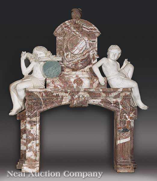 Appraisal: A Renaissance-Style Carved Marble Figural Mantel surmounted by a classical