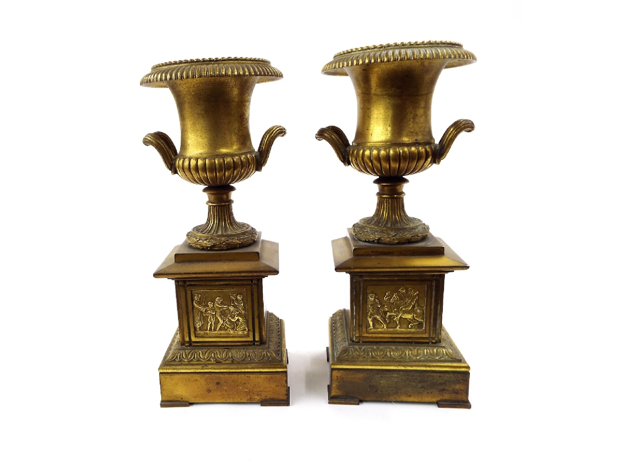 Appraisal: Pair of cast gilt metal campagna urns upon stepped square