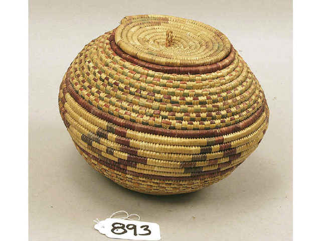 Appraisal: Salish Frayer River imbrication basket with lid approx H X