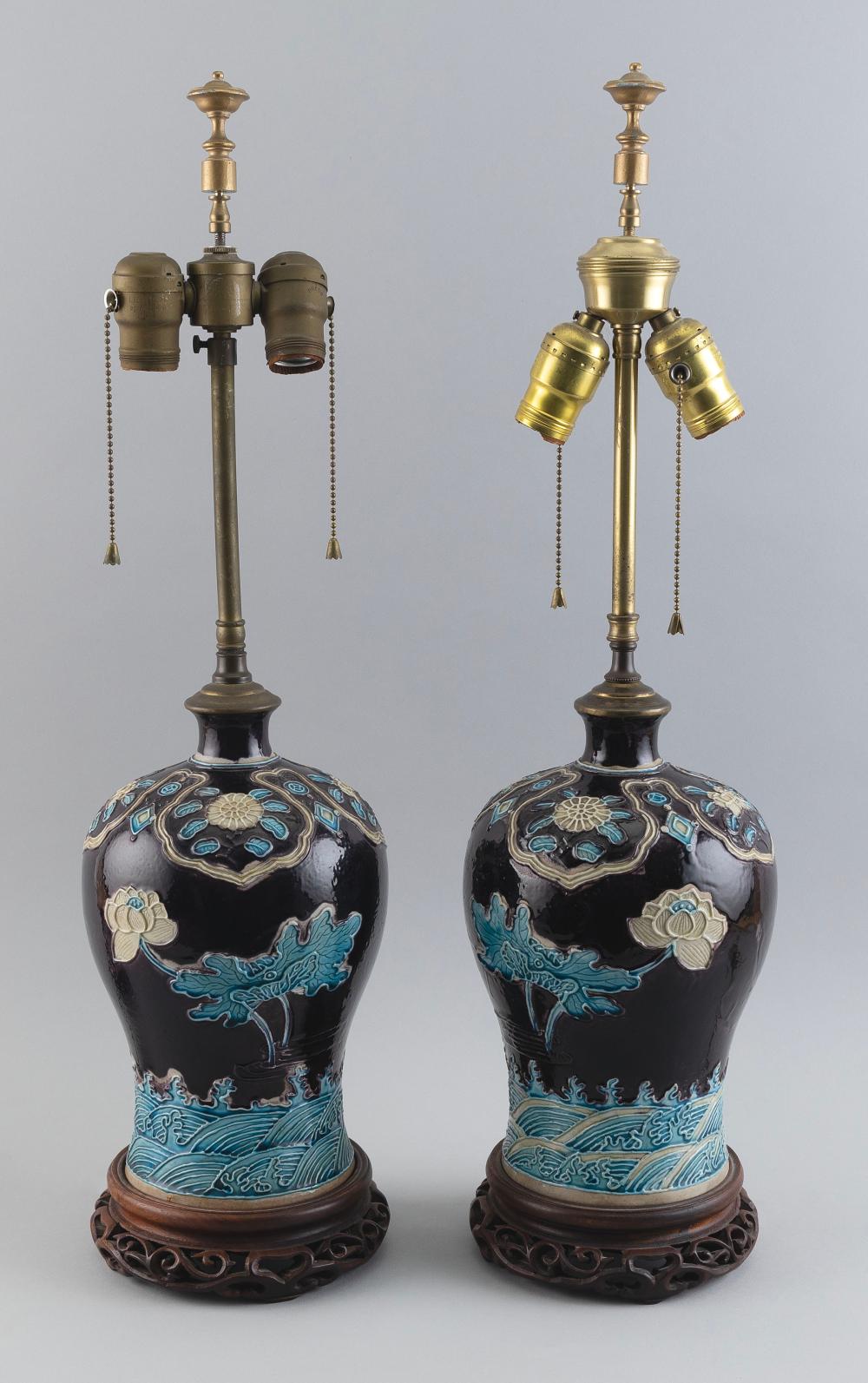 Appraisal: PAIR OF CHINESE FAHUA PORCELAIN MEIPING VASES MOUNTED AS TABLE