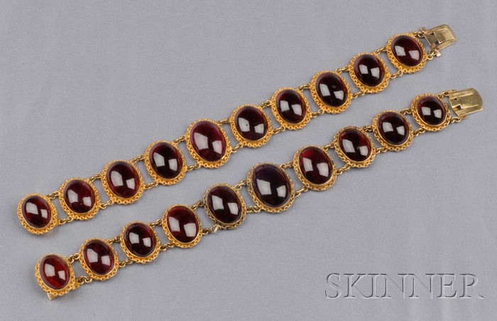 Appraisal: Pair of Antique kt Gold and Garnet Carbuncle Bracelets each