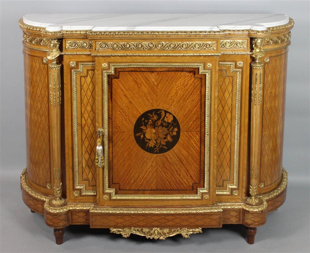 Appraisal: LOUIS XVI STYLE GILT BRASS MOUNTED PARQUETRY SIDE CABINET the