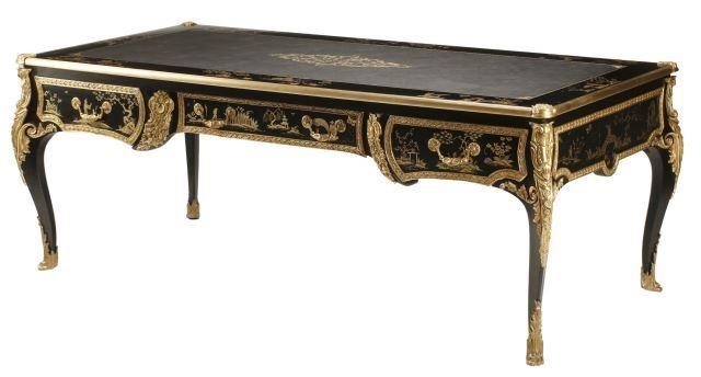 Appraisal: Large French Louis XV style Chinoiserie black lacquered writing desk