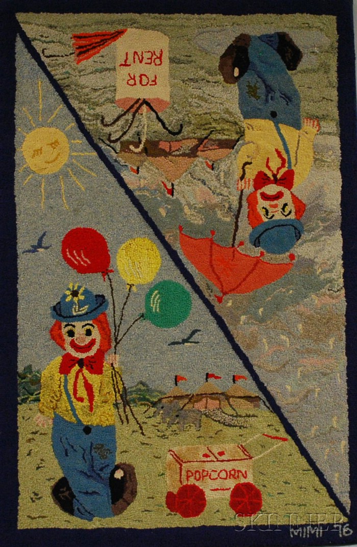 Appraisal: Clowns Sunny Day Rainy Day Hooked Rug hand-made with MIMI