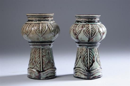 Appraisal: TWO JAPANESE STUDIO POTTERY VASES Molded with foliate decoration -