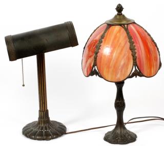 Appraisal: AMERICAN PATINATED METAL SLAG GLASS LAMPS C AMERICAN PATINATED METAL