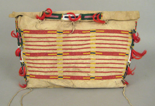 Appraisal: Sioux beaded hide Tipi bag the front decorated with strips