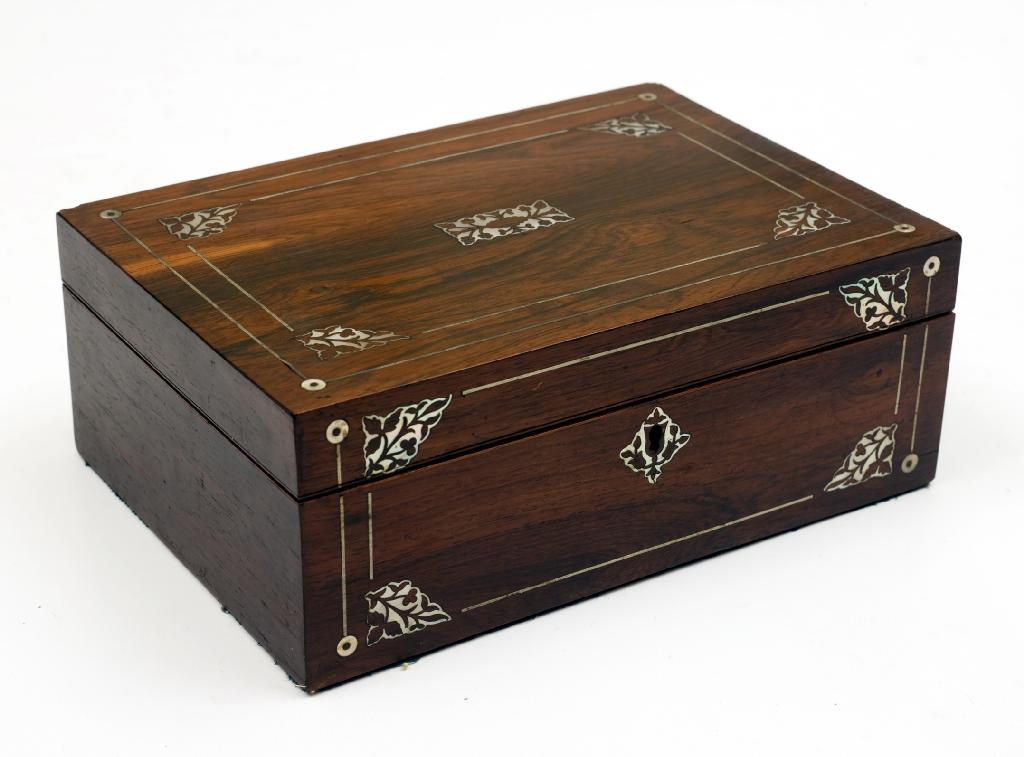 Appraisal: th CENTURY MOTHER-OF-PEARL INLAID ROSEWOOD WORK BOX the hinged rectangular