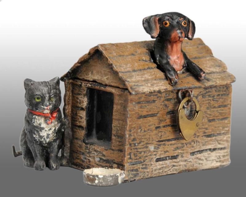 Appraisal: Lead Cat Dog at Doghouse Still Bank Condition Near Mint