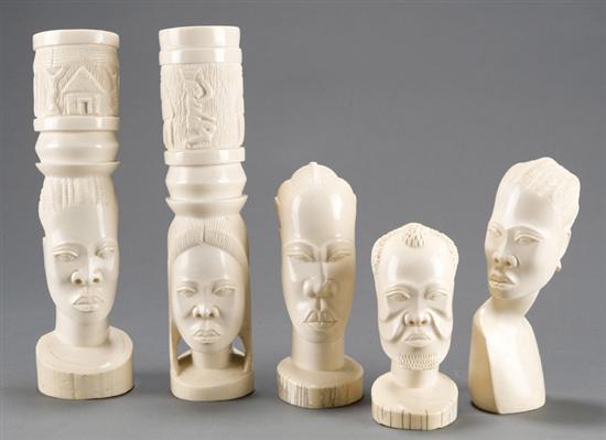 Appraisal: Group of five African ivory carved busts Bearded man h