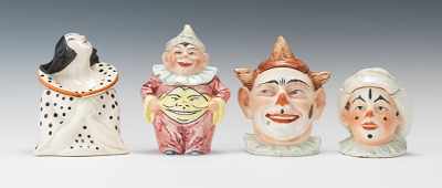 Appraisal: Clown Figural Tobacco Jars Two heads one standing in outfit