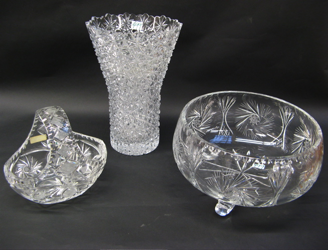 Appraisal: THREE CLEAR CUT GLASS PIECES large tri-footed centerpiece bowl -