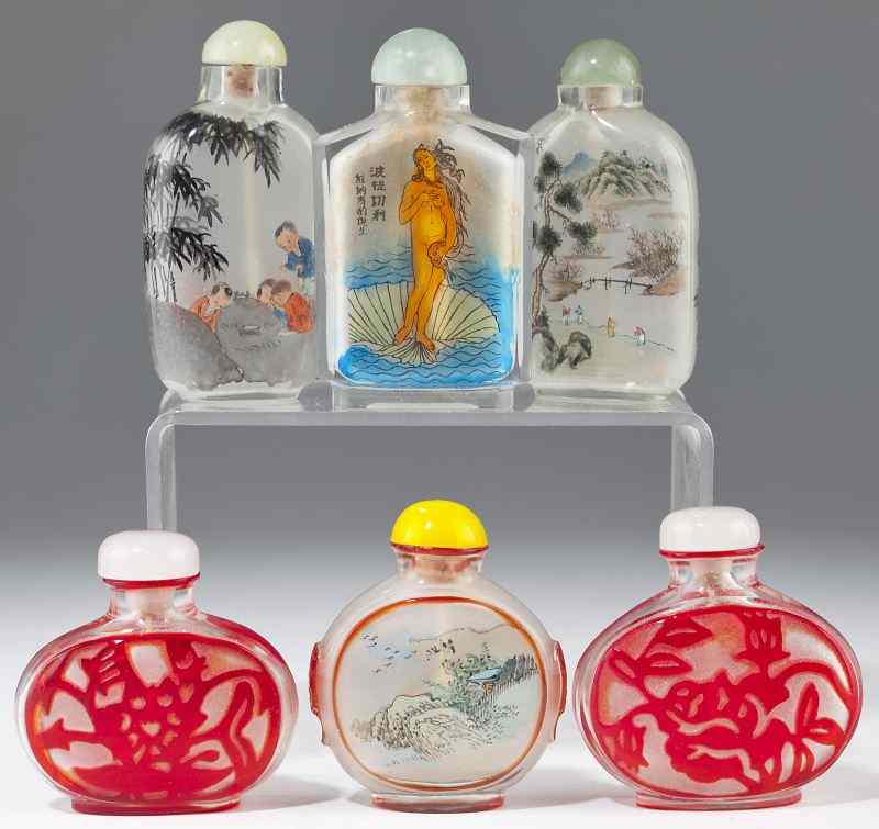 Appraisal: Six th century Chinese Snuff Bottlesto include red Peking Glass