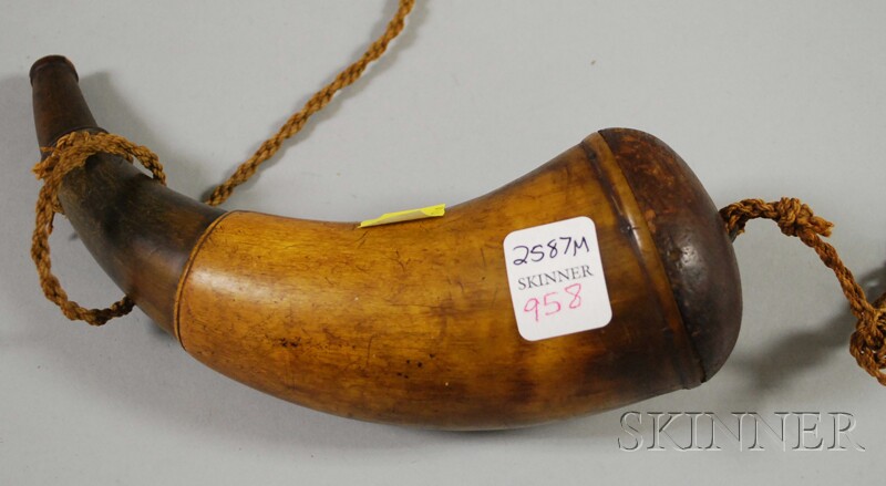 Appraisal: Small Etched Powder Horn with Domed Wood Cap inscribed M