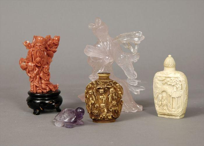 Appraisal: Three Chinese Carved Quartz Mineral and Coral Figures Together with