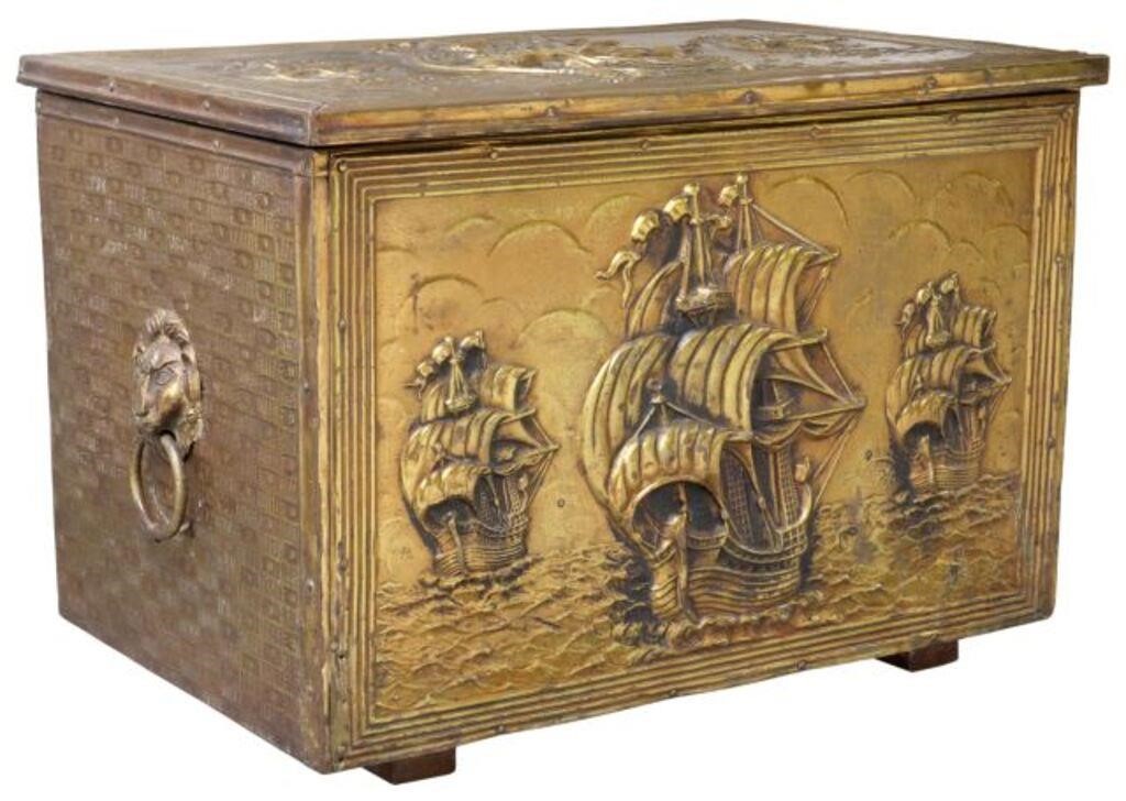 Appraisal: Brass-clad wood storage trunk early th c having repousse sailing