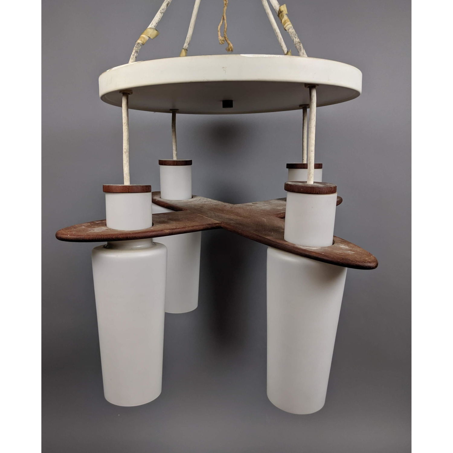 Appraisal: Danish Modern Pendant Chandelier Ceiling Light Teak Cross support Teak