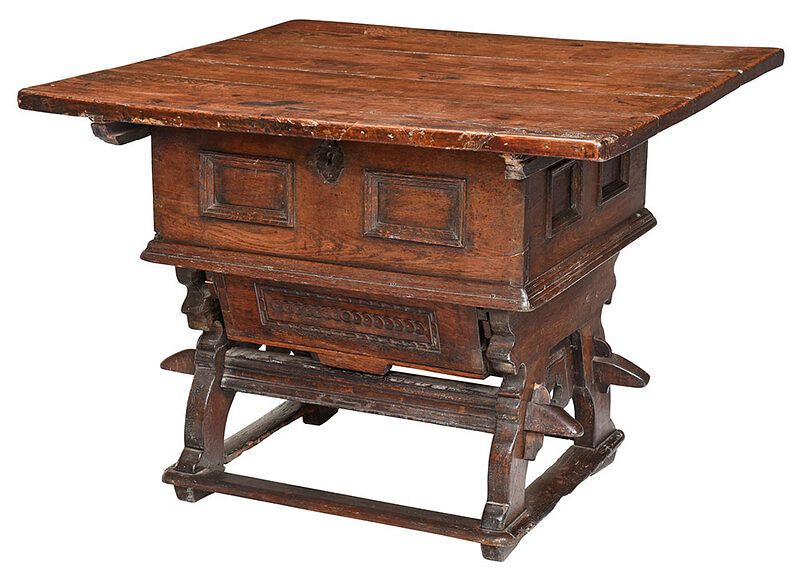 Appraisal: Early Paneled and Carved Oak Trestle Table th century with