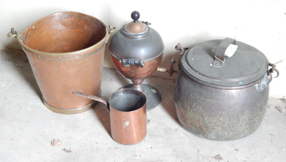 Appraisal: Brass and copperware including thC copper cauldron taper bucket saucepan