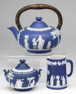 Appraisal: th c Wedgwood jasperware tea articles Three pieces of Wedgwood