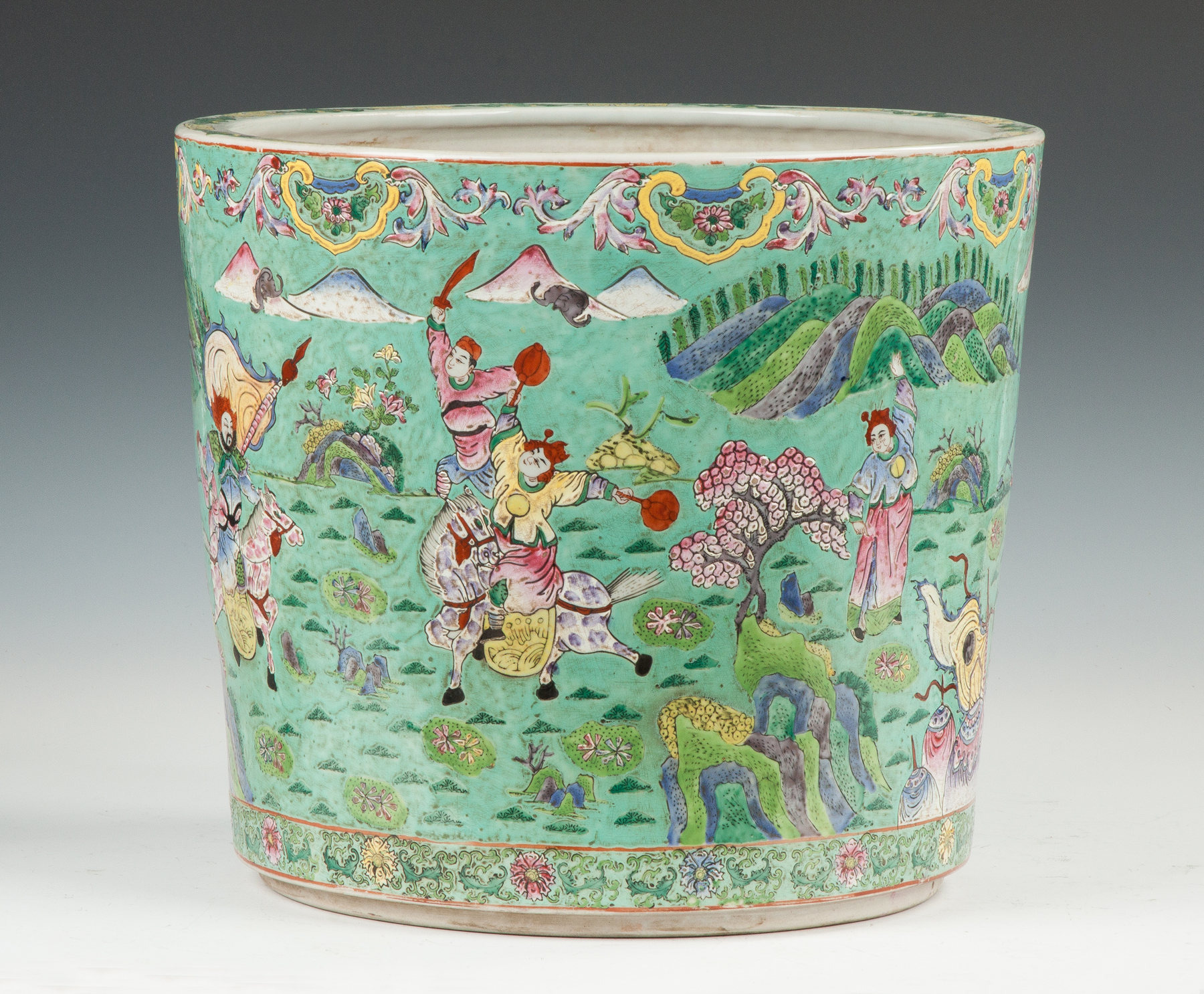 Appraisal: Chinese Hand Painted Porcelain Jardiniere Decorated with Chinese warriors