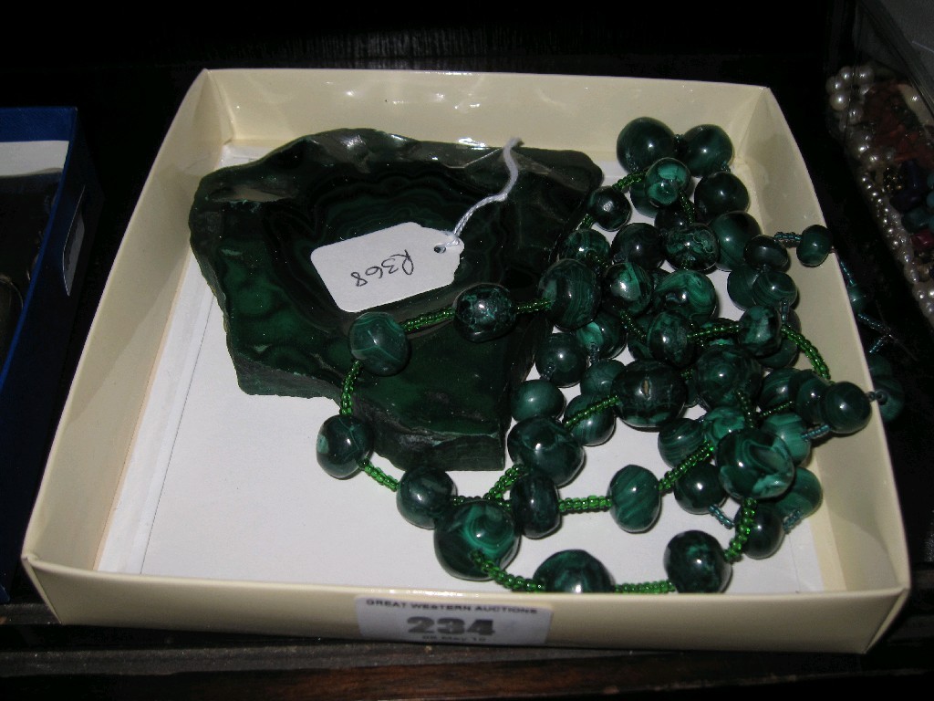 Appraisal: Lot comprising malachite necklets and dish