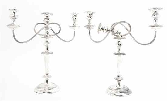 Appraisal: A Pair of English Silverplate Three-Light Candelabra Sheffield maker's mark