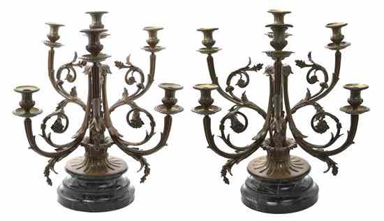 Appraisal: A Pair of Continental Bronze and Marble Six-Light Candelabra each