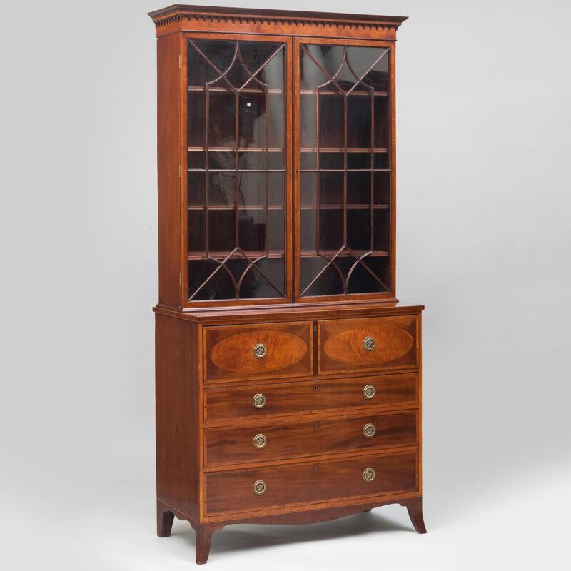 Appraisal: George III Mahogany Satinwood-Inlaid and Rosewood Crossbanded Secretary Bookcase In