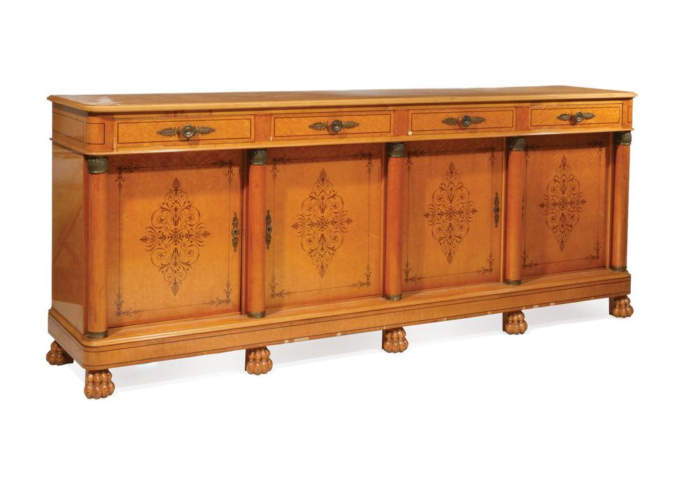 Appraisal: Restauration-Style Bronze-Mounted Inlaid Birdseye Maple Buffet molded top four drawers