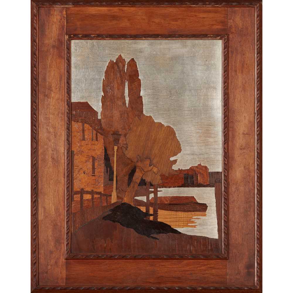 Appraisal: ROWLEY GALLERY LONDON TWO MARQUETRY PANELS CIRCA to include 'RIVERSIDE'