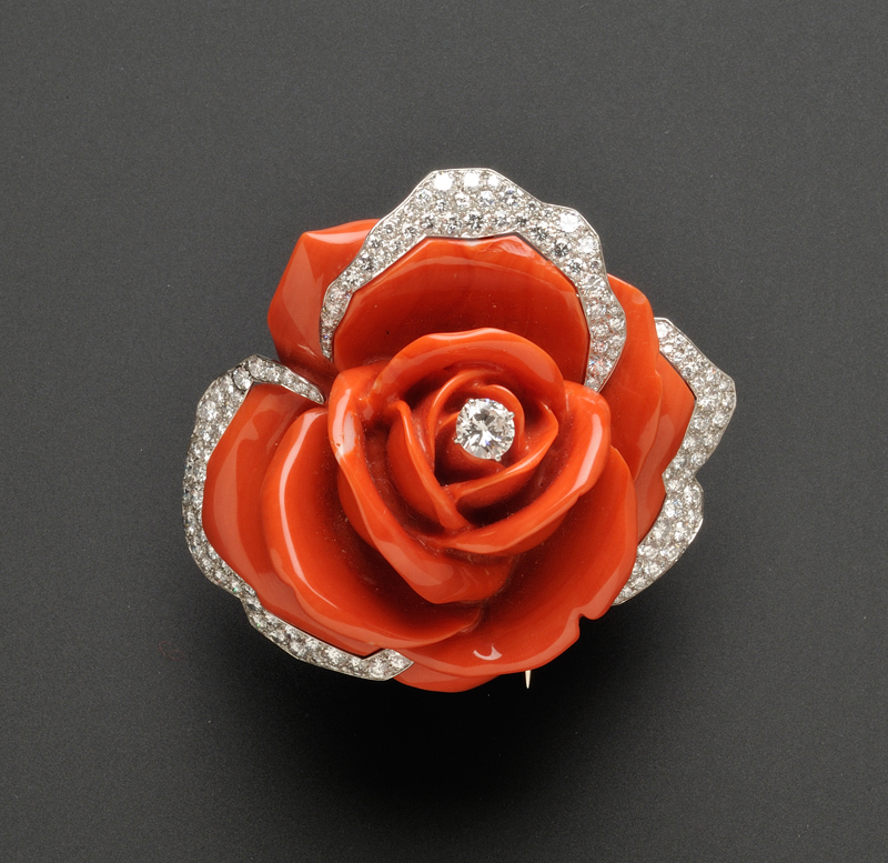 Appraisal: Platinum Diamond and Coral Flower Clip Brooch Cartier Paris c