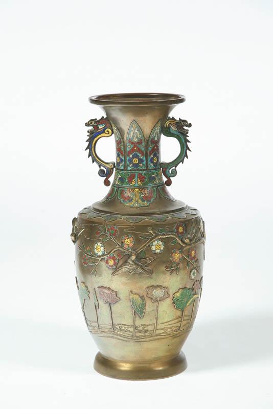 Appraisal: CHAMPLEVE VASE China th century brass and enamel Polychrome flowers