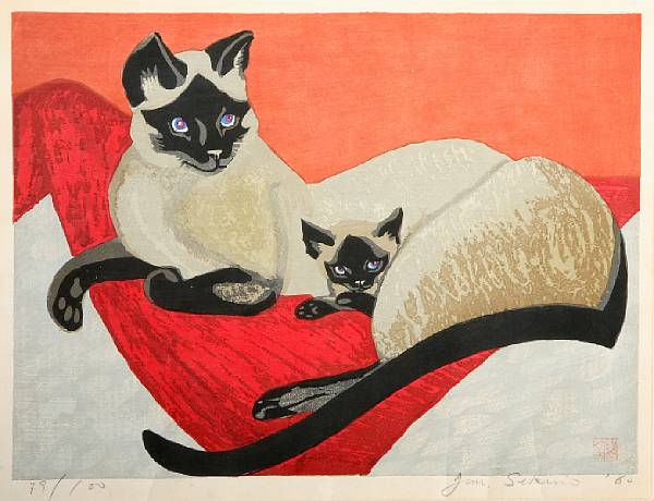 Appraisal: Junichiro Sekino Japanese - Siamese Cats Woodcut printed in colors