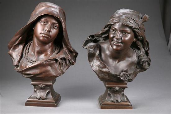 Appraisal: PAIR OF BRONZE BUSTS TITLED LA CIGALE AND LA FOURMI