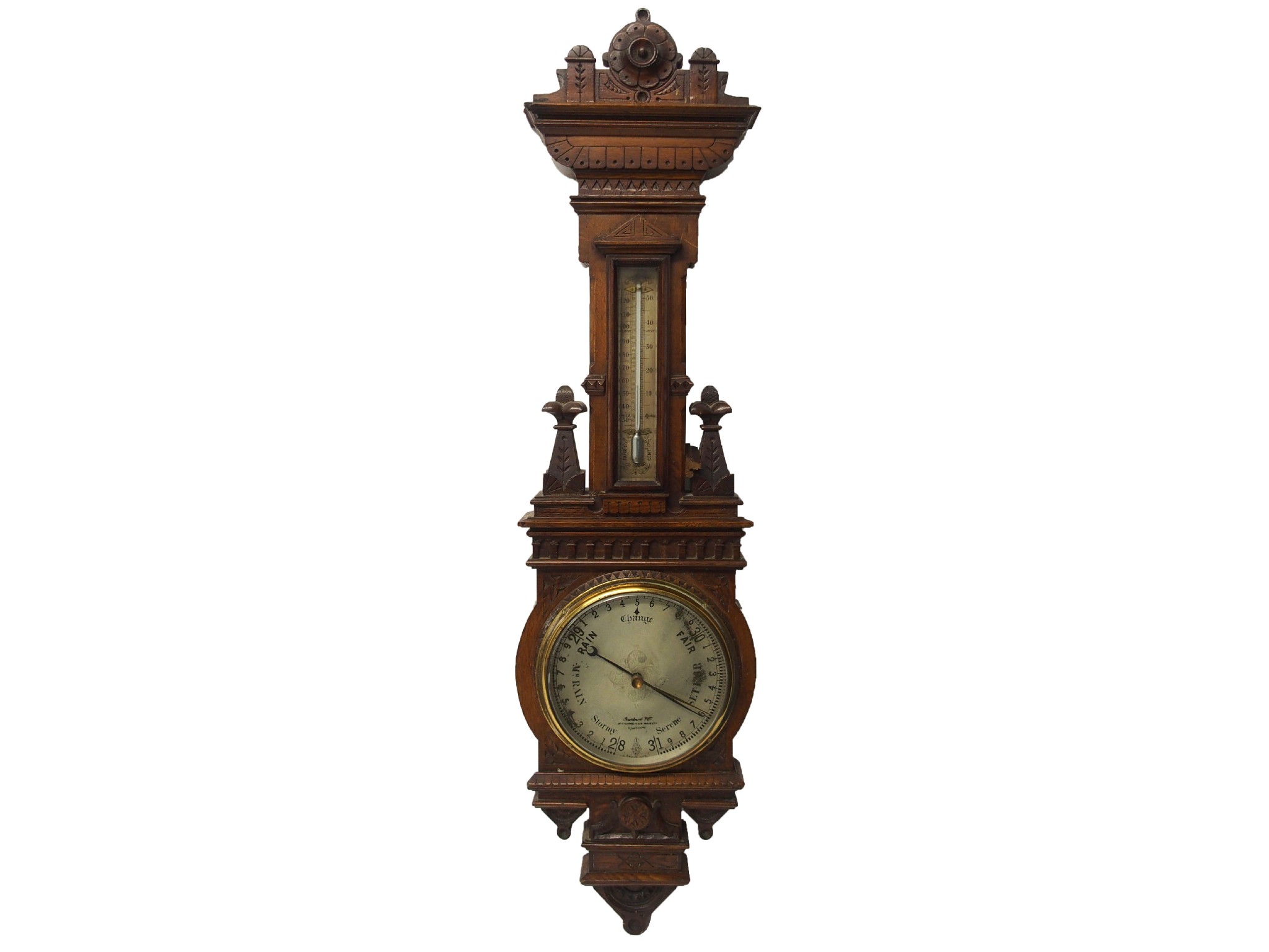 Appraisal: A Gardners Co oak cased barometer and thermometerthe architectural case