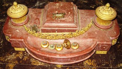 Appraisal: Classical style rouge marble and gilt bronze inkstandH W D