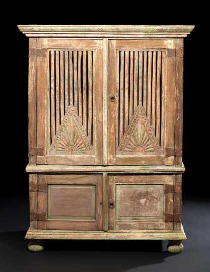 Appraisal: Provincial Indian Polychromed Wood Cabinet the molded cornice above a