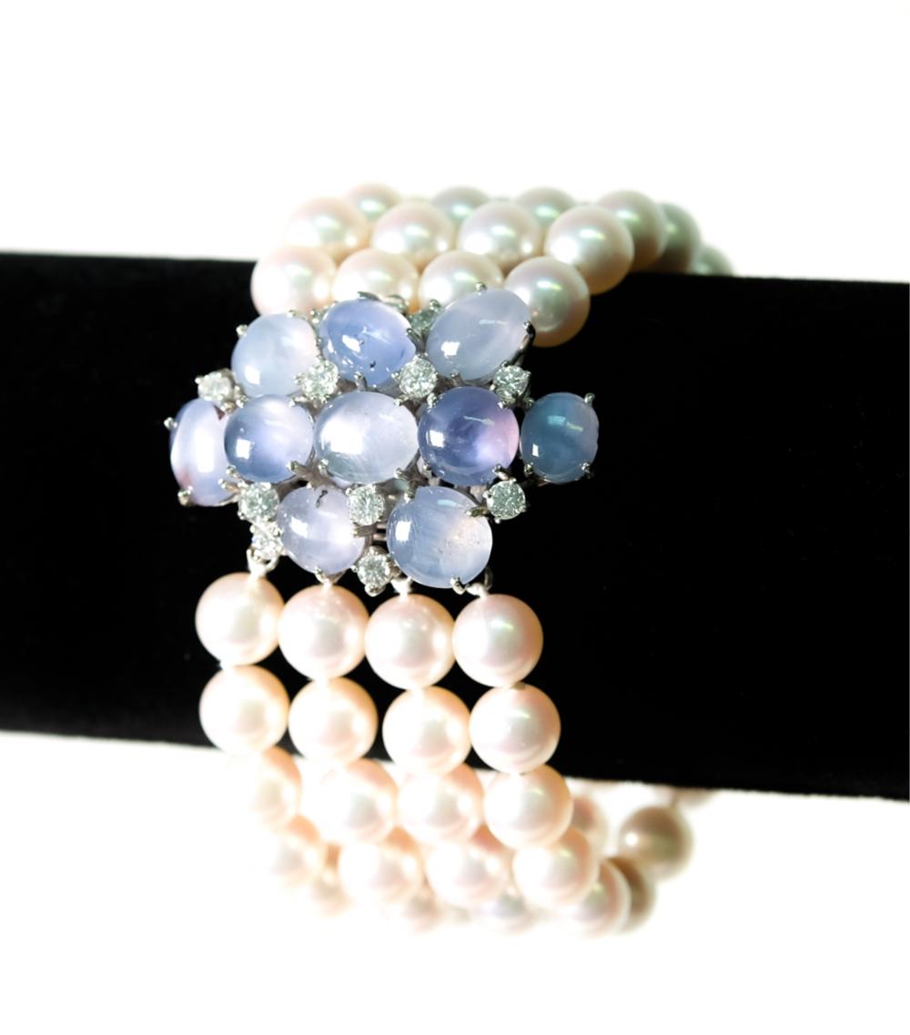 Appraisal: PLATINUM CTW SAPPHIRE DIAMOND PEARL BRACELETPlatinum and four strand freshwater