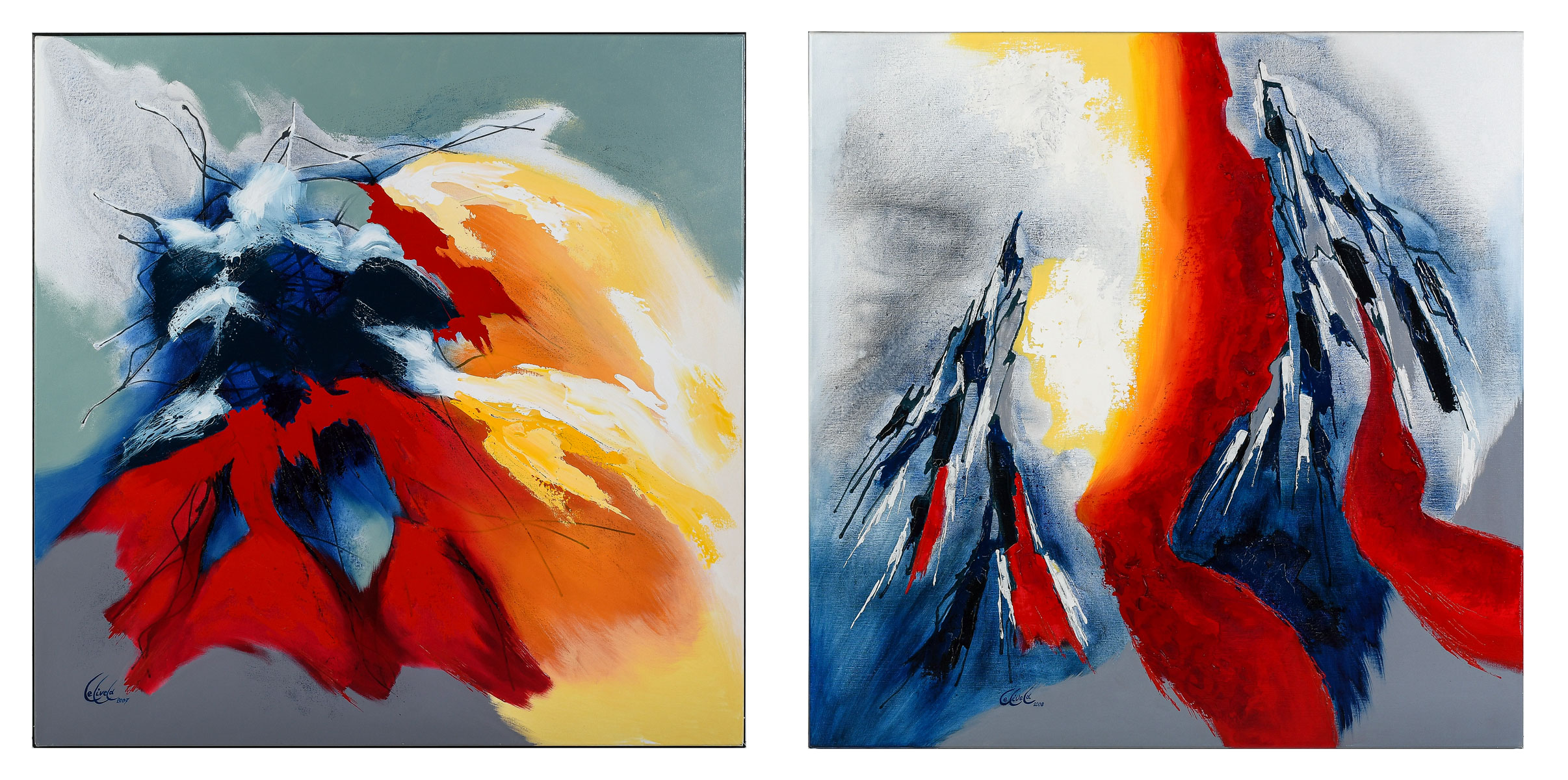 Appraisal: PAIR OF JOOP LELIVELD ABSTRACT PAINTINGS Fire on Blue Bloom