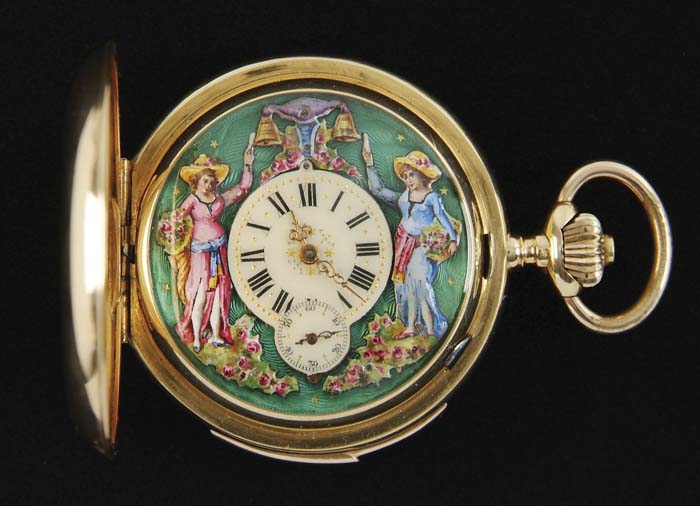 Appraisal: RARE AUTOMATON MINUTE REPEATER GOLD POCKET WATCH Unmarked high jewel