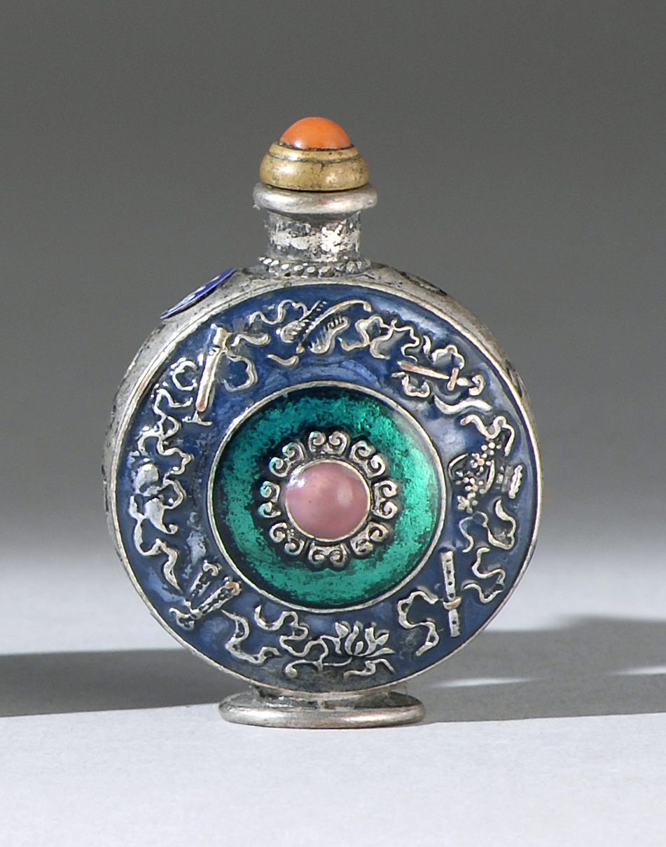 Appraisal: INLAID ENAMEL AND SILVERED SNUFF BOTTLE In pilgrim flask form