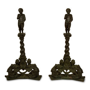 Appraisal: A Pair of Continental Baroque Style Bronze Figural Andirons TH