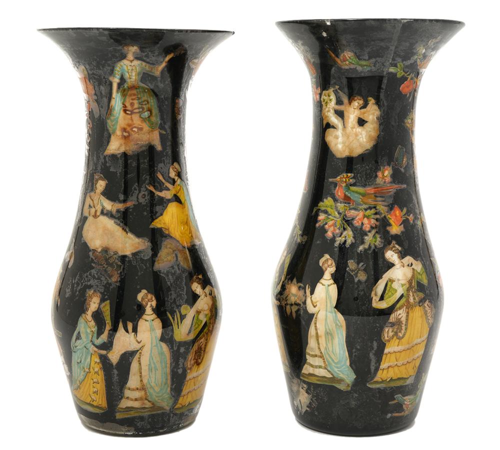 Appraisal: PAIR OF EGLOMISE VASESPair of Eglomise Vases decorated with courtly