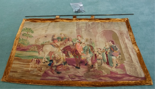 Appraisal: French Tapestry W steel beading Courtyard scene depicting men and