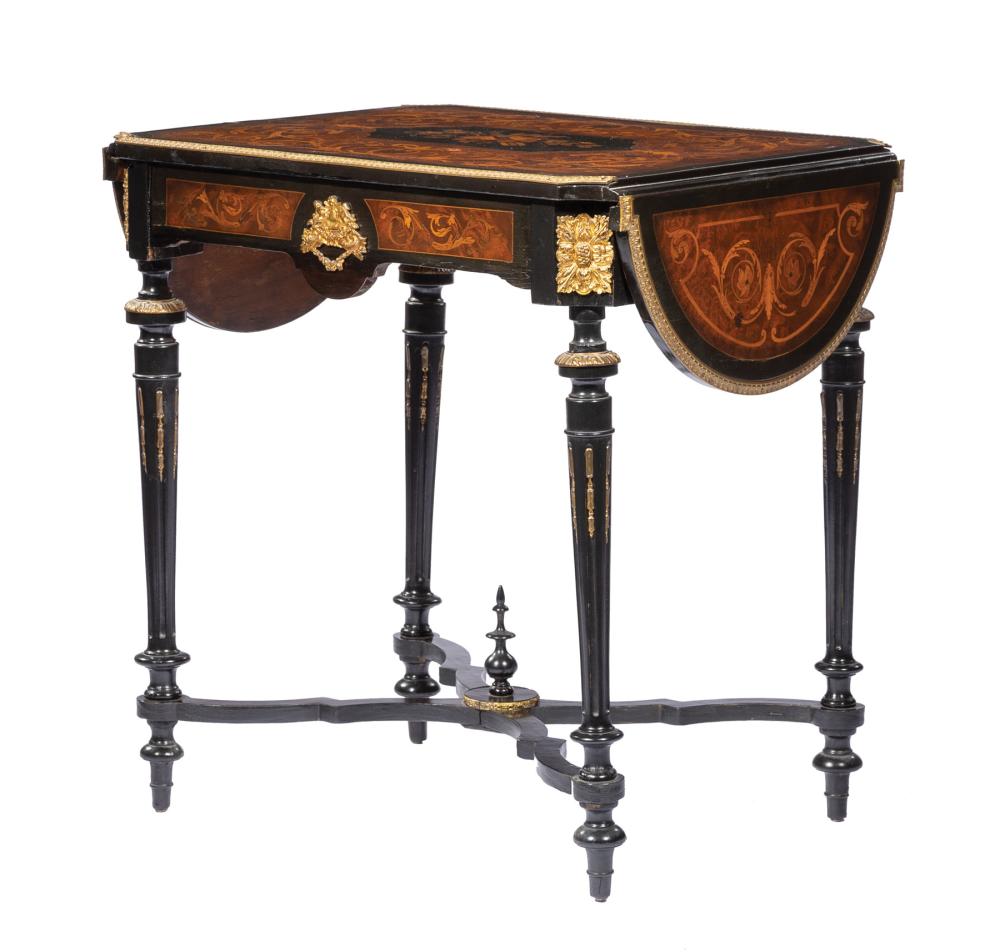 Appraisal: Antique Louis XVI-Style Bronze-Mounted Marquetry and Ebonized Occaisional Table probably